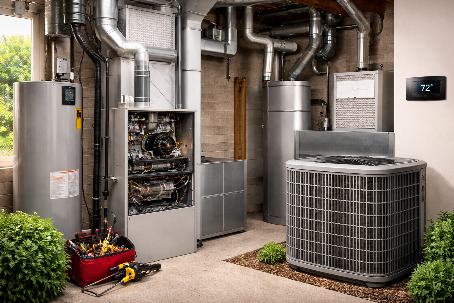 HVAC installer measuring airflow and verifying new system connections indoors