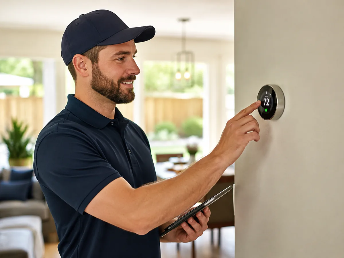 HVAC Contractor inspecting an indoor air handler while discussing airflow concerns with a homeowner