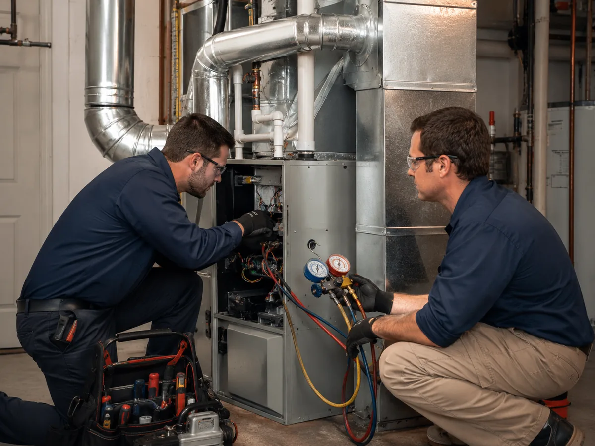 HVAC Contractor testing electrical components and airflow during a careful system troubleshooting visit