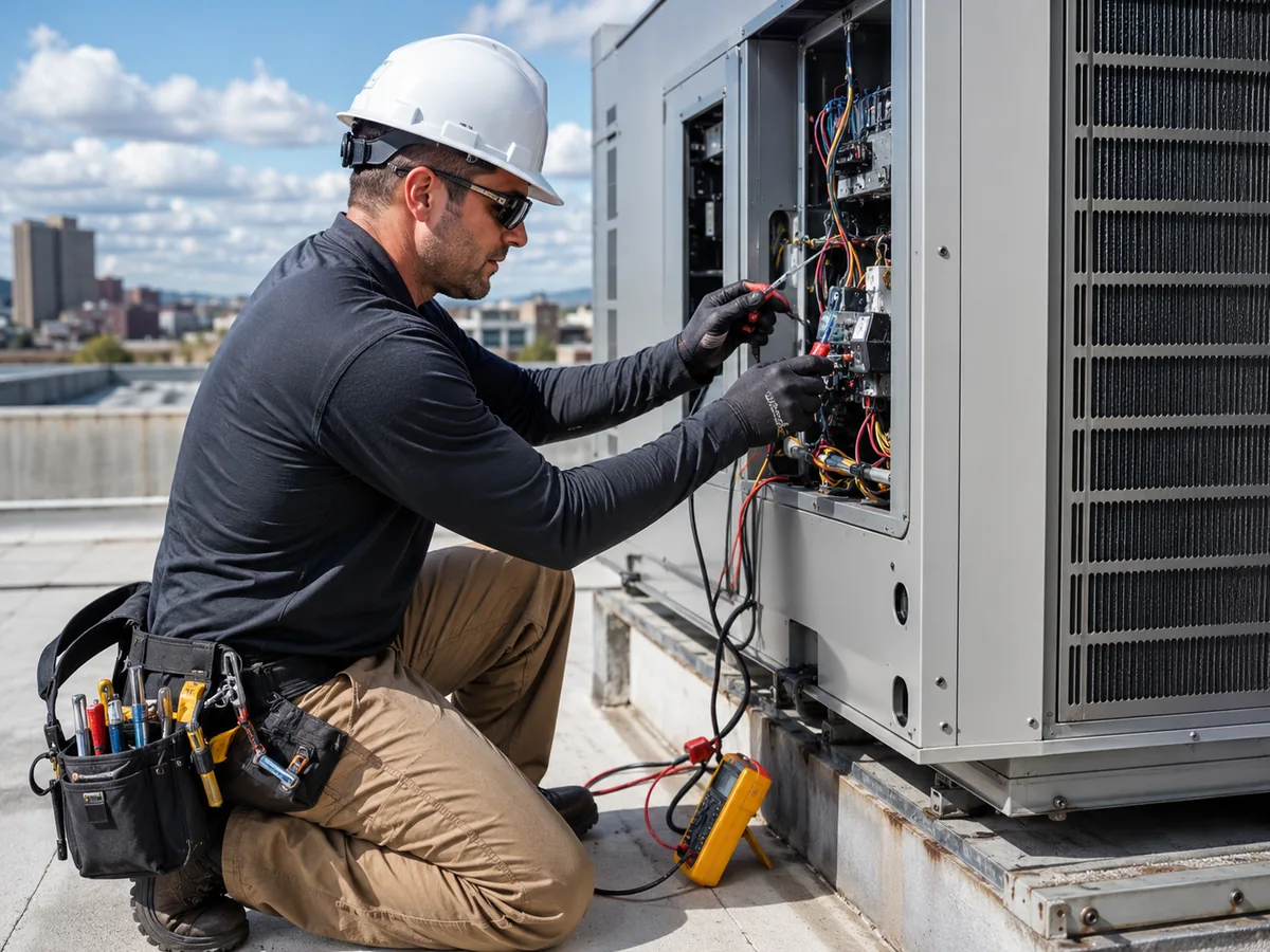 HVAC Contractor checking supply vents and thermostat readings inside a lived-in family home