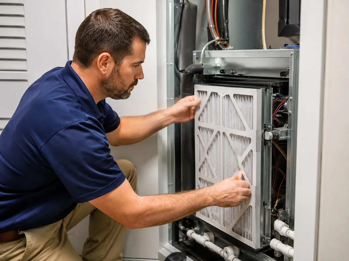 HVAC Contractor inspecting an indoor air handler while a homeowner discusses uneven room temperatures