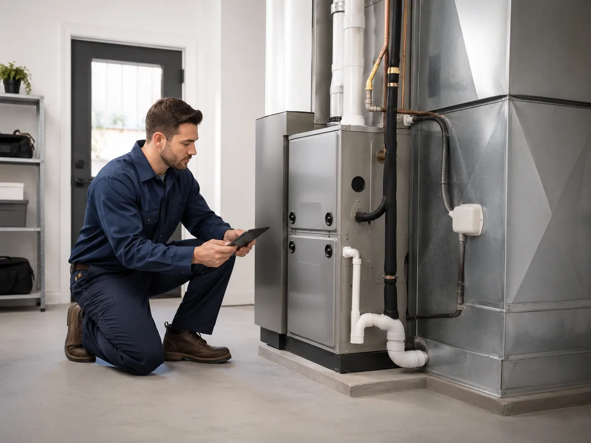 Experienced HVAC Contractor measuring system performance at an indoor air handler closet