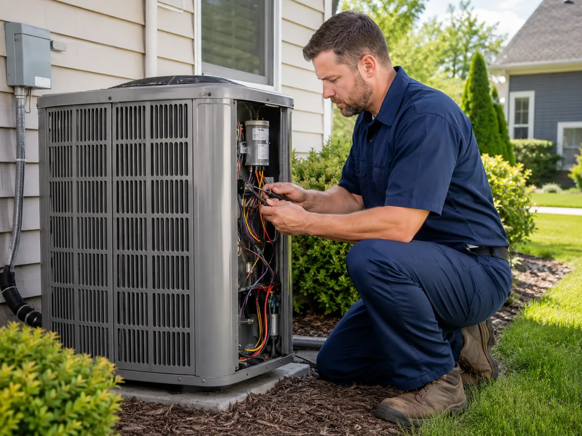 Experienced HVAC Contractor testing refrigerant pressures during a detailed cooling system diagnosis