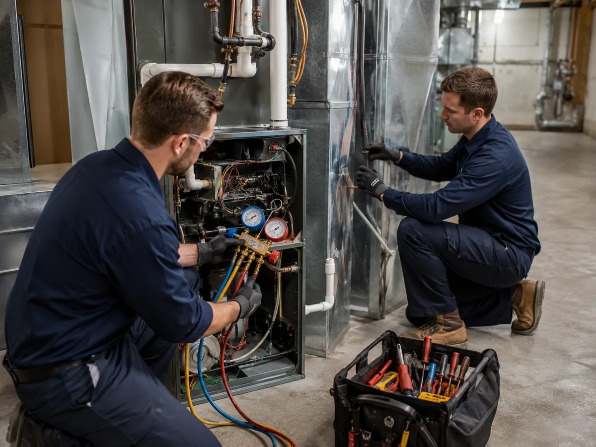 Skilled HVAC Contractor measuring system output with gauges beside an outdoor condenser