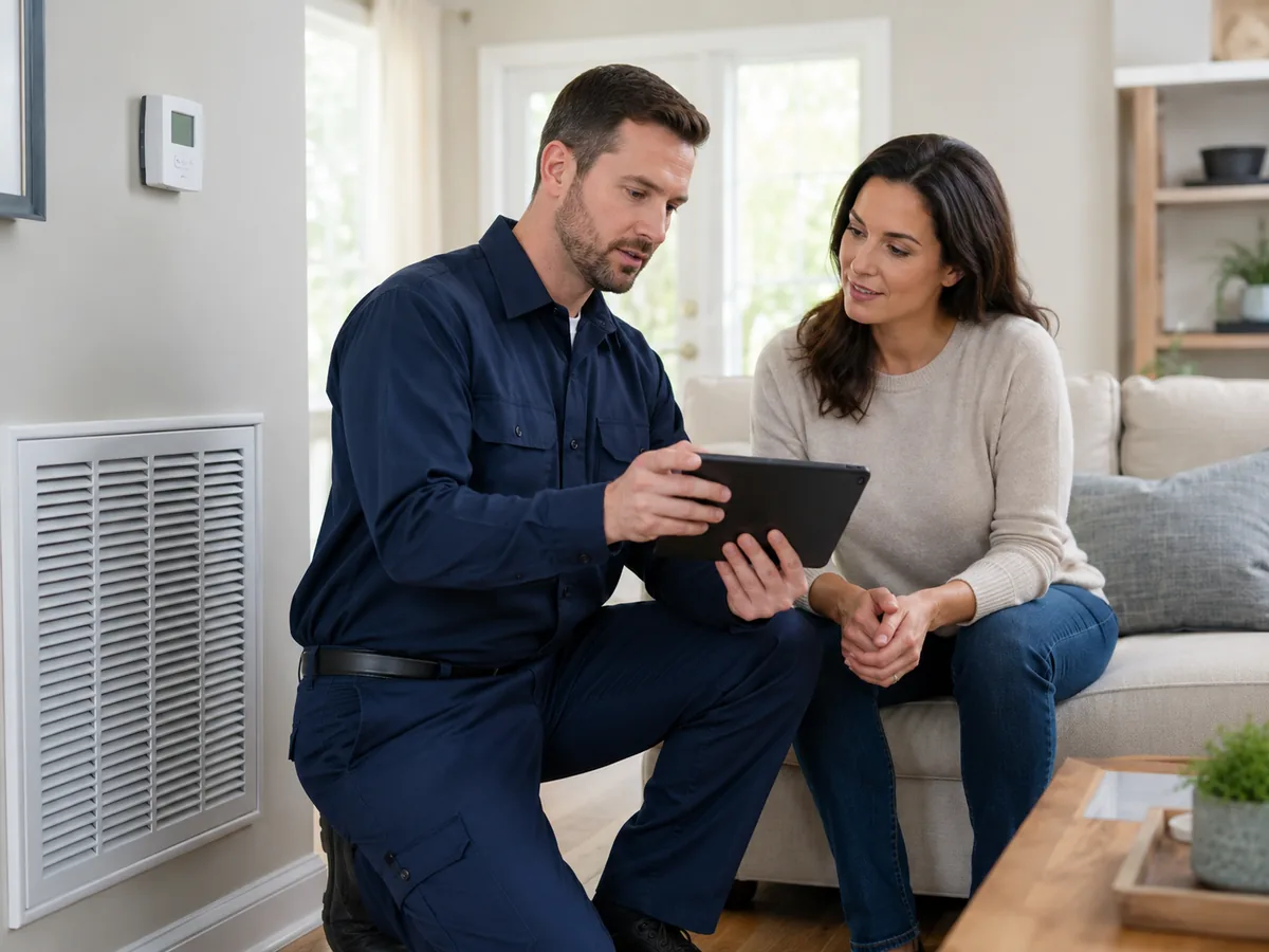 Experienced HVAC Contractor testing airflow readings with diagnostic tools near a residential vent