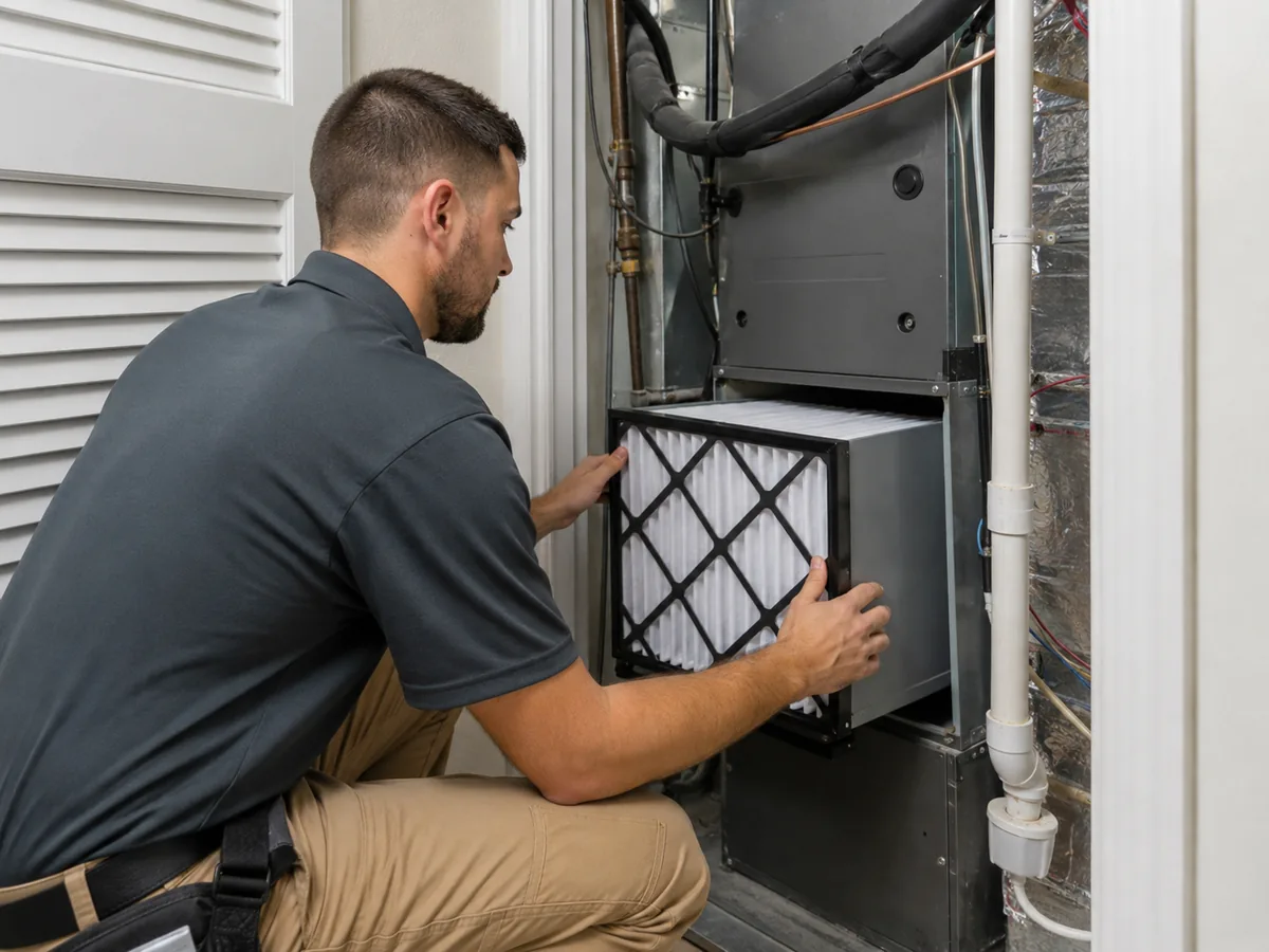 HVAC Contractor inspecting condenser components during a residential cooling service appointment