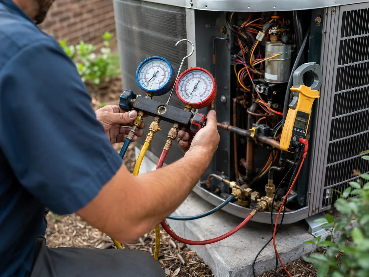 HVAC Contractor diagnosing a residential cooling system problem beside an indoor furnace and coil