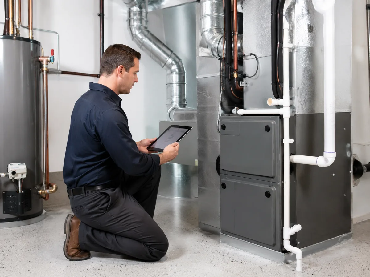 Experienced HVAC Contractor testing system airflow and controls during a detailed residential service visit