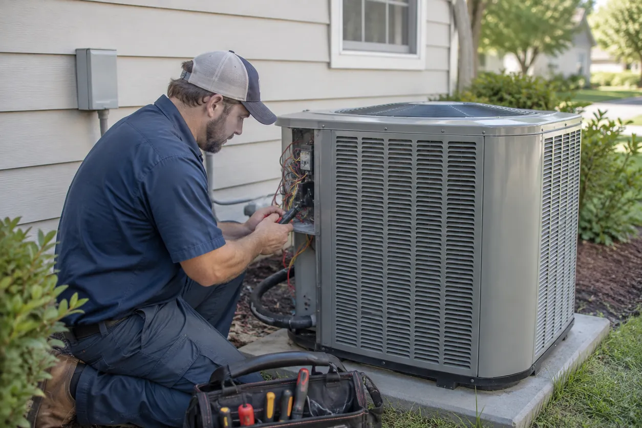 HVAC Repair in North Las Vegas - NV underway as a technician tests a residential condenser, HVAC Repair in Paradise - NV as a technician checks refrigerant readings beside a condenser