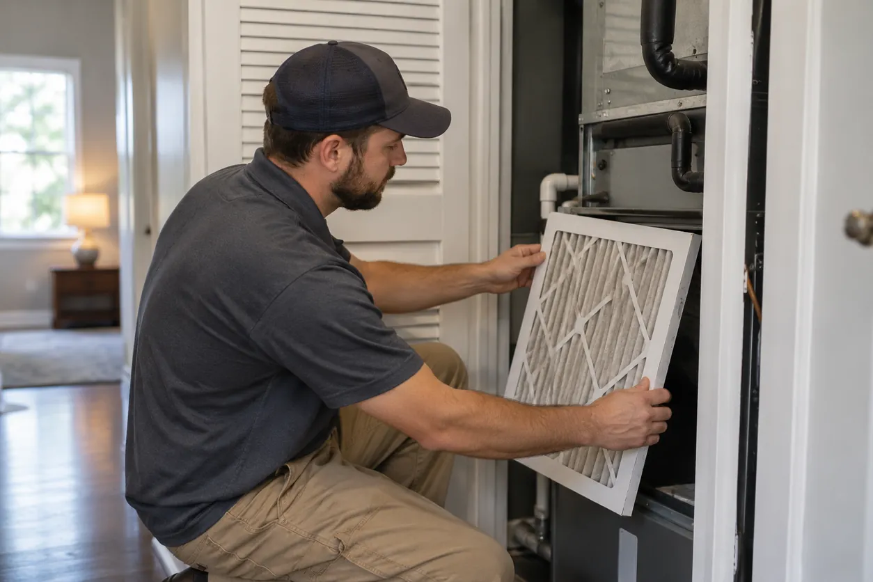 Technician performing HVAC repair diagnostics inside a North Las Vegas - NV home utility closet, Technician performing HVAC repair in a Paradise - NV rooftop unit while testing airflow and electrical connections