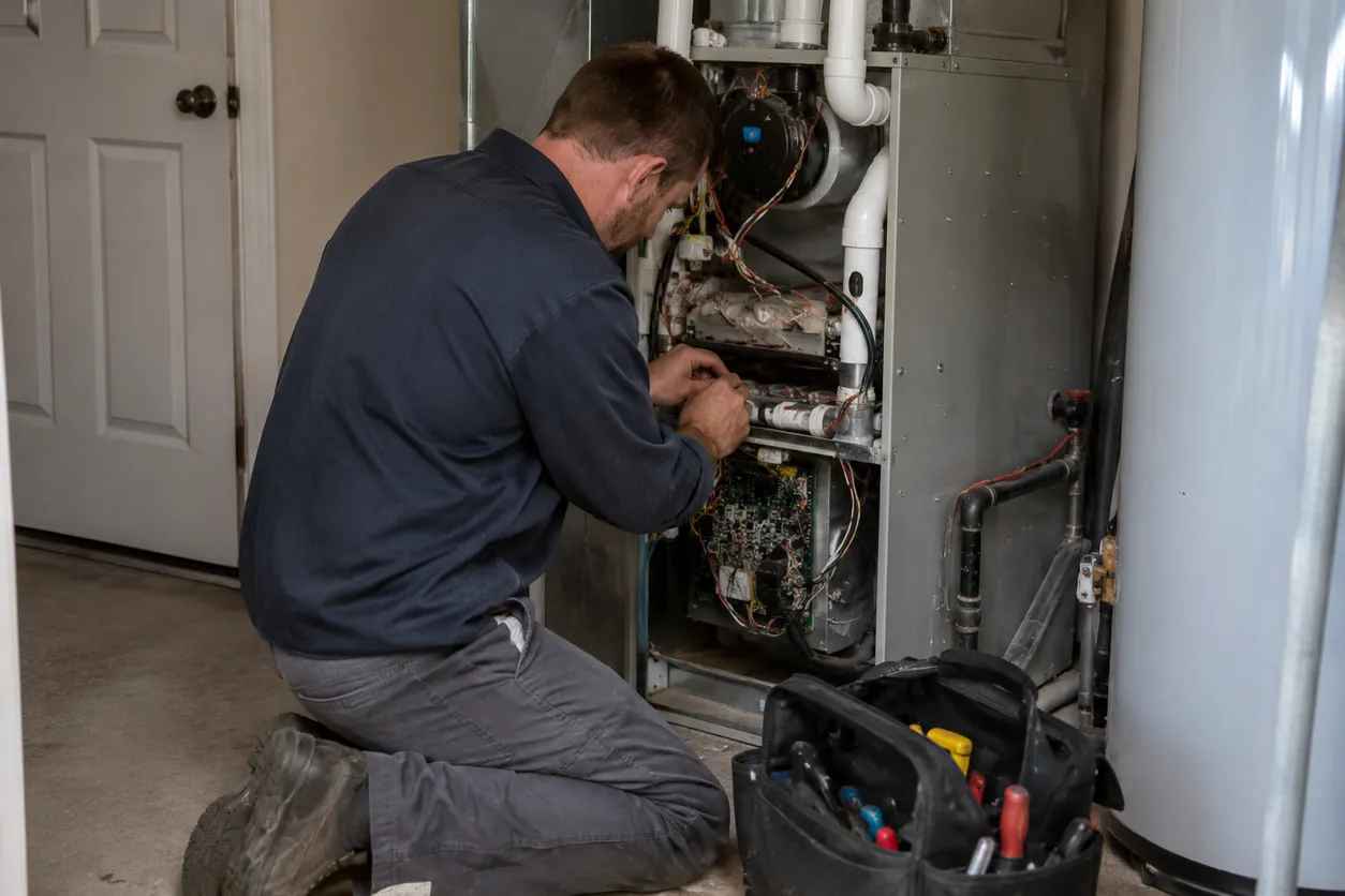 HVAC Repair in Summerlin South - NV as a technician checks refrigerant readings at an outdoor unit, HVAC Repair in Spring Valley - NV as a technician tests voltage at an outdoor condenser