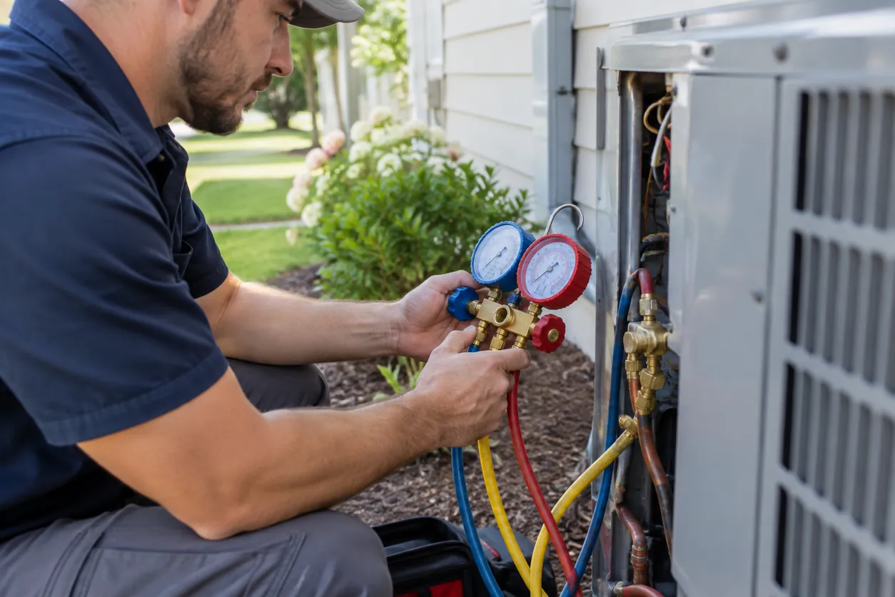 Technician performing HVAC repair testing in a Summerlin South - NV garage beside an indoor unit, Technician performing HVAC repair on a Spring Valley - NV split system while measuring supply airflow