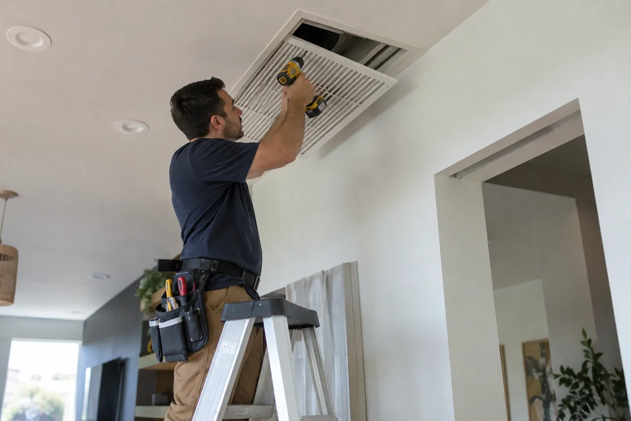 HVAC Repair in Las Vegas - NV as a technician tests voltage at a residential condenser, HVAC Repair in Sunrise Manor - NV as a technician checks refrigerant readings beside a condenser
