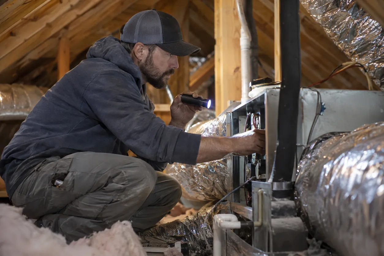 Technician handling HVAC repair in an Enterprise - NV attic while checking airflow at the air handler